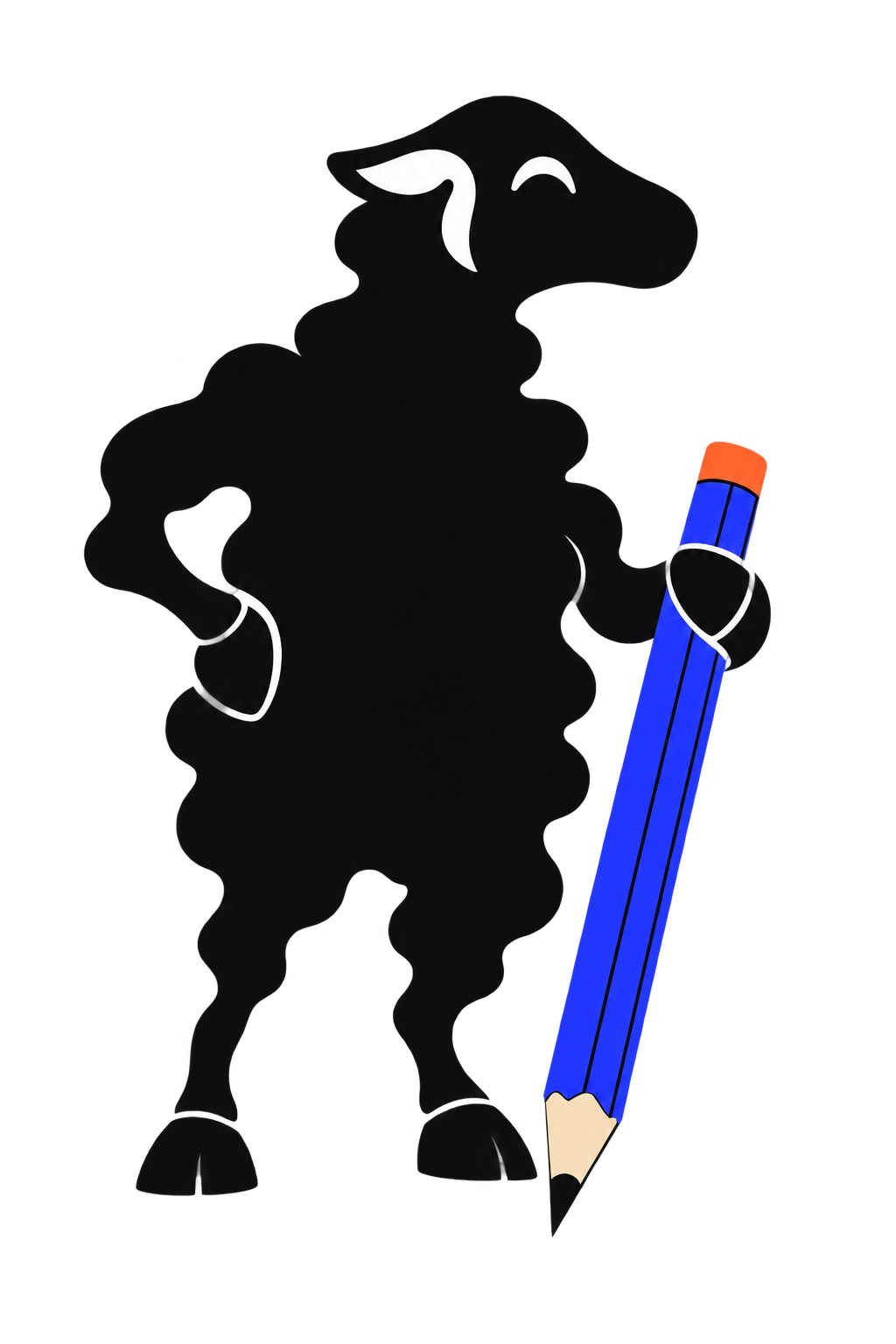 Ovelha negra ilustrada, apoiada em um lápis azul